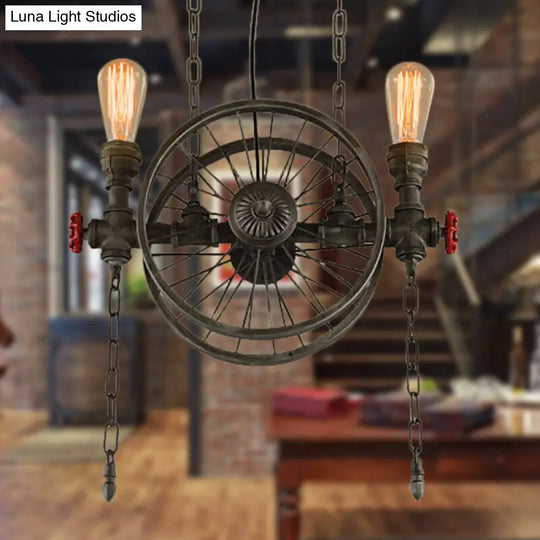 Rustic Exposed Bulb Hanging Light With Wheel Design - 2 Lights Wrought Iron Pendant Chandelier