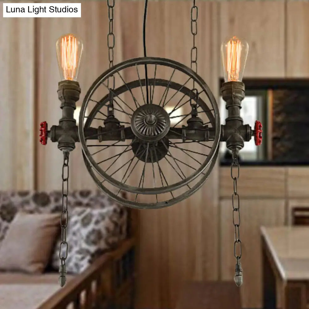 Rustic Exposed Bulb Hanging Light With Wheel Design - 2 Lights Wrought Iron Pendant Chandelier