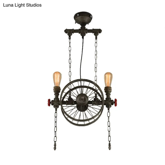 Rustic Exposed Bulb Hanging Light: Wheel Design 2-Light Wrought Iron Pendant Chandelier In Bronze