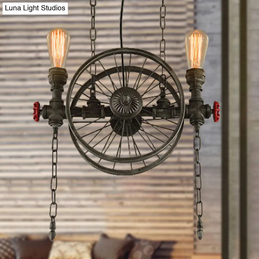 Rustic Exposed Bulb Hanging Light With Wheel Design - 2 Lights Wrought Iron Pendant Chandelier