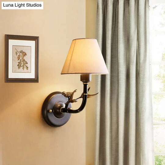 Rustic Fabric 1-Light Antique Brass Bedroom Sconce With Bird Accent