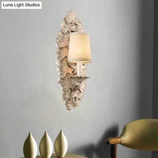 Rustic Fabric Bell Wall Mounted Light Sconce - 1 Bedroom Fixture In White/Bronze