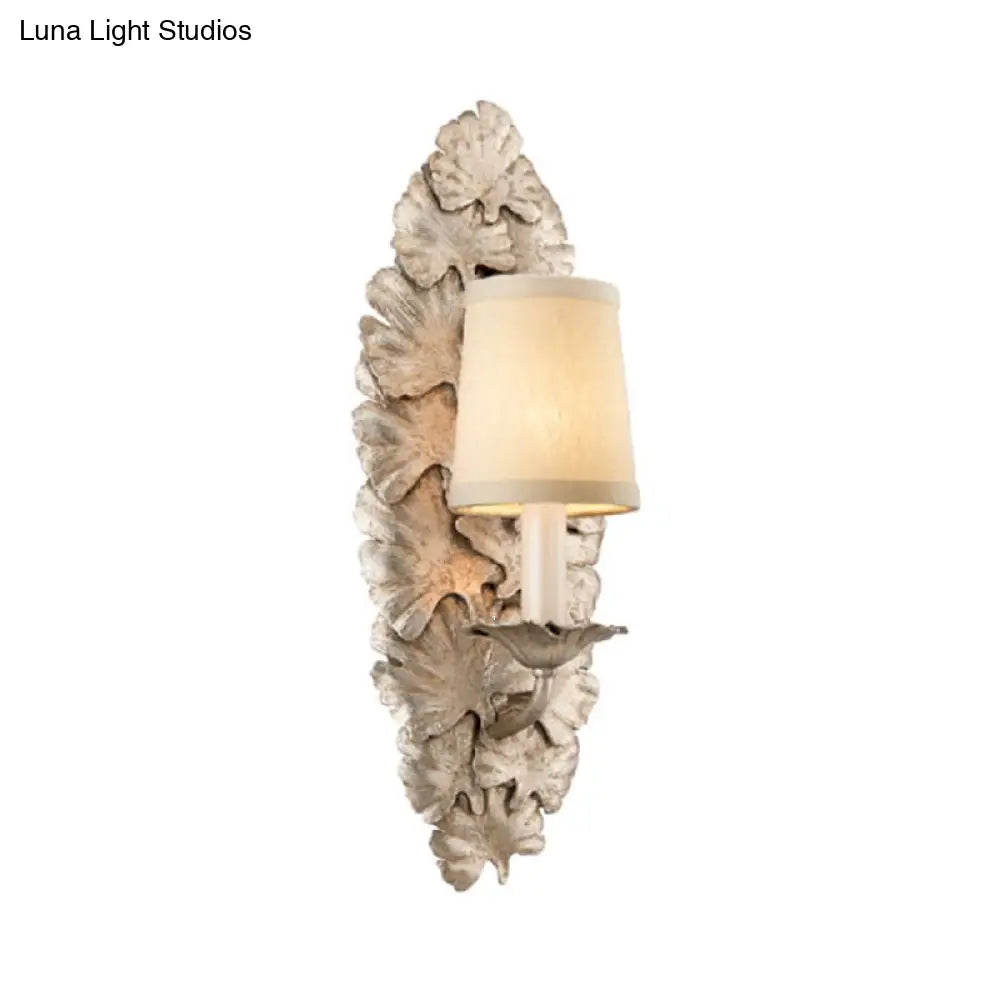 Rustic Fabric Bell Wall Mounted Light Sconce - 1 Bedroom Fixture In White/Bronze