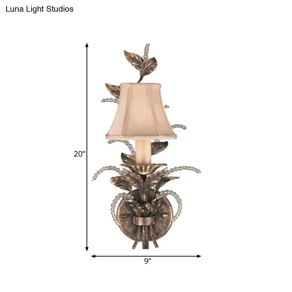 Rustic Fabric Bell Wall Mounted Light Sconce - 1 Bedroom Fixture In White/Bronze