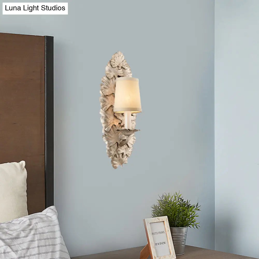 Rustic Fabric Bell Wall Mounted Light Sconce - 1 Bedroom Fixture In White/Bronze