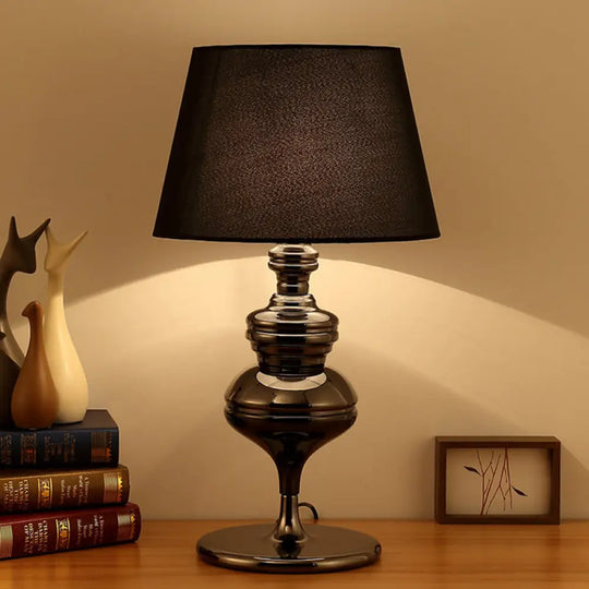 Rustic Fabric Conical Table Lamp With Gourd Base - 1 Bulb Black Living Room Nightstand Light