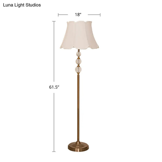 Rustic Fabric Floor Lamp With Crystal Ball Accent - White Lighting Scallop Bell Shade 1 Bulb Stand