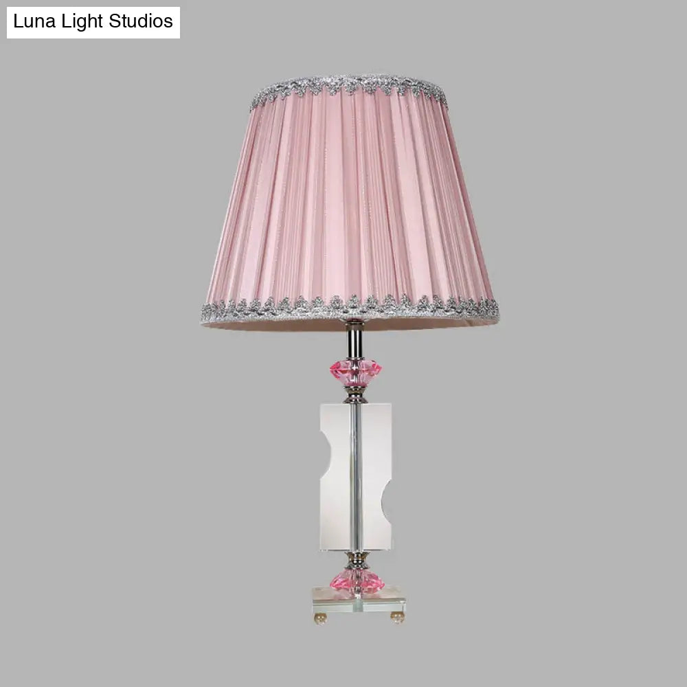 Rustic Fabric Pink Night Lamp With Crystal Accent - Single Head Tapered Nightstand Light