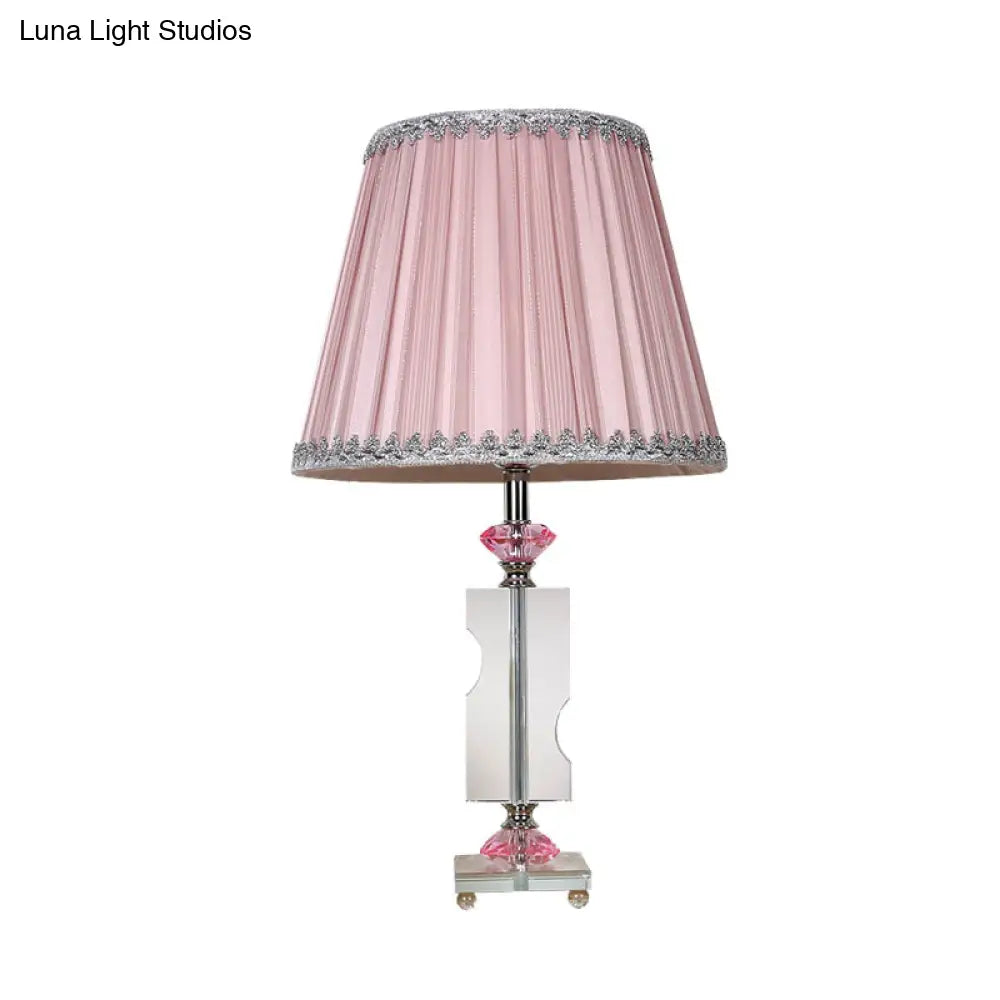 Rustic Fabric Pink Night Lamp With Crystal Accent - Single Head Tapered Nightstand Light