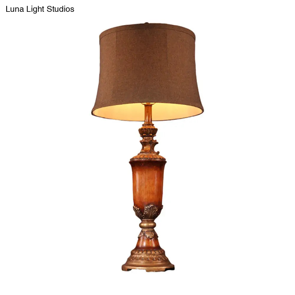 Rustic Fabric Table Lamp With Curved Lampshade - 1-Light Flaxen Nightstand Light