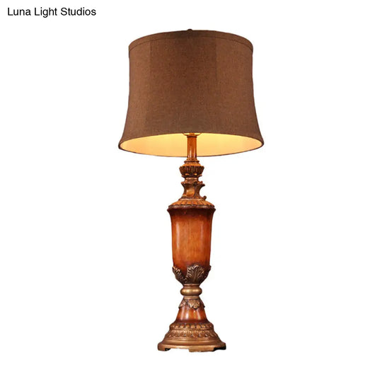 Rustic Fabric Table Lamp With Curved Lampshade - 1-Light Flaxen Nightstand Light