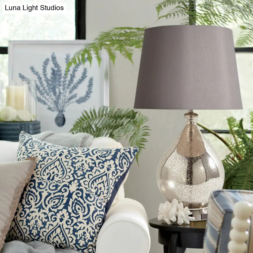 Rustic Fabric Table Light 1 Night Lighting With Teardrop Pedestal White/Coffee/Gray Perfect For