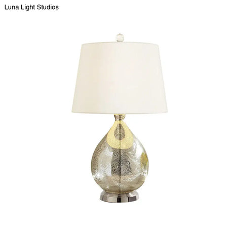 Rustic Fabric Table Light 1 Night Lighting With Teardrop Pedestal White/Coffee/Gray Perfect For