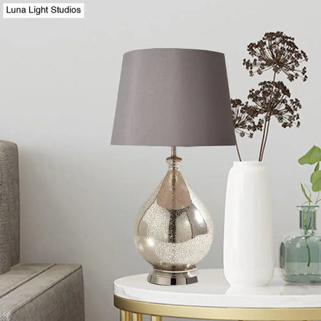 Rustic Fabric Table Light 1 Night Lighting With Teardrop Pedestal White/Coffee/Gray Perfect For