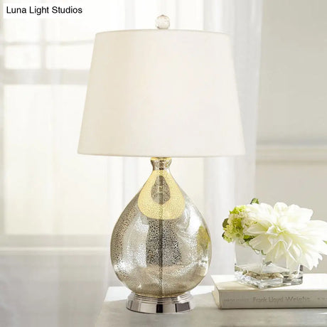 Rustic Fabric Table Light 1 Night Lighting With Teardrop Pedestal White/Coffee/Gray Perfect For