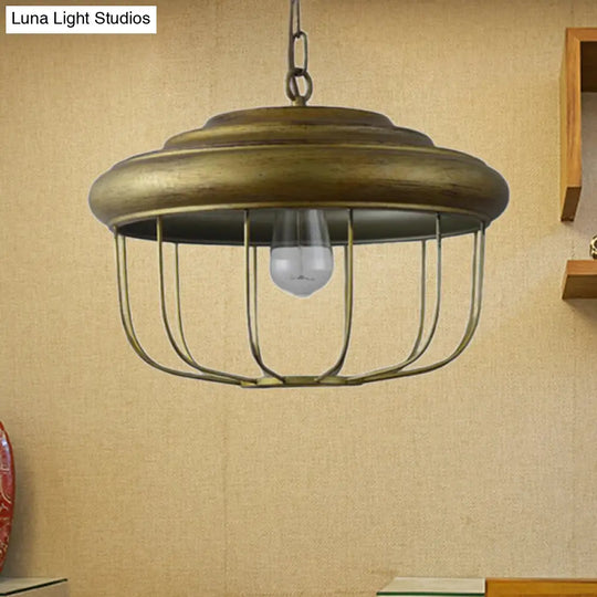 Hanging Pendant Light With Rustic Drum Shade - Antique Brass Finish For Farmhouse Ceiling