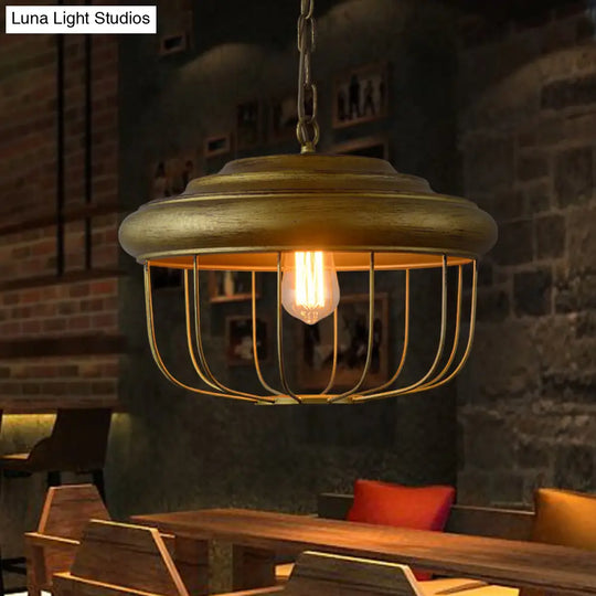 Hanging Pendant Light With Rustic Drum Shade - Antique Brass Finish For Farmhouse Ceiling