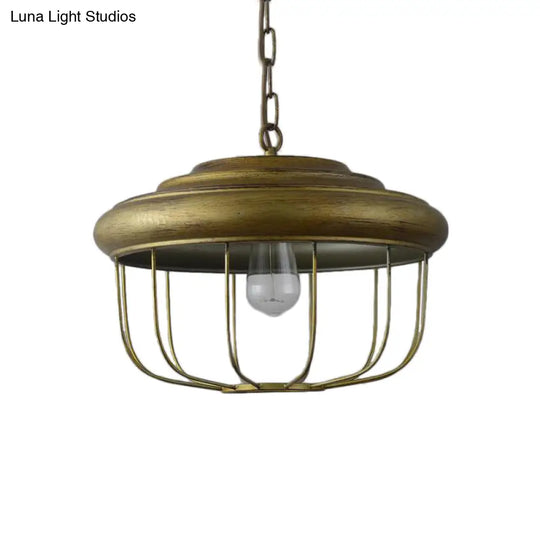 Hanging Pendant Light With Rustic Drum Shade - Antique Brass Finish For Farmhouse Ceiling