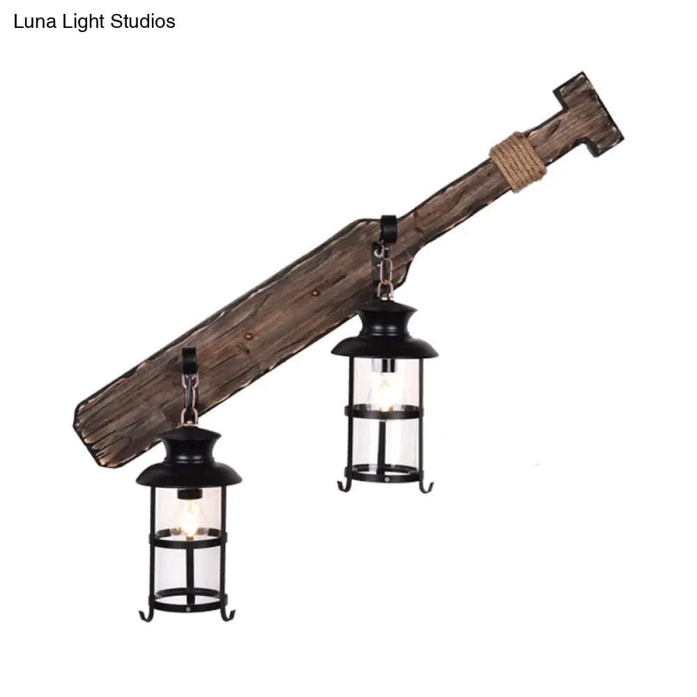 Rustic Farmhouse 2-Light Kerosene Wall Sconce With Clear Glass In Black Wood Tool Design