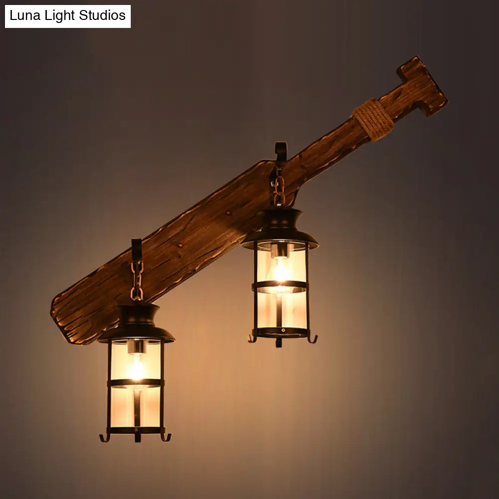 Rustic Farmhouse 2-Light Kerosene Wall Sconce With Clear Glass In Black Wood Tool Design