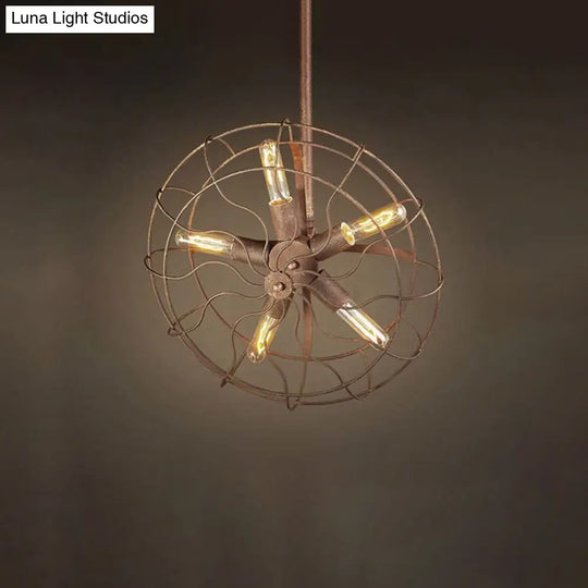 Rustic Farmhouse Ceiling Fan Light: Wire Frame Shape 5 Bulbs Wrought Iron Dark Rust Chandelier Lamp