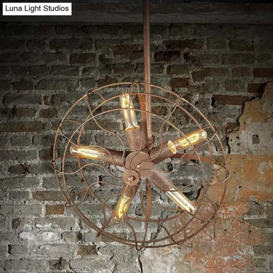 Rustic Farmhouse Ceiling Fan Light: Wire Frame Shape 5 Bulbs Wrought Iron Dark Rust Chandelier Lamp