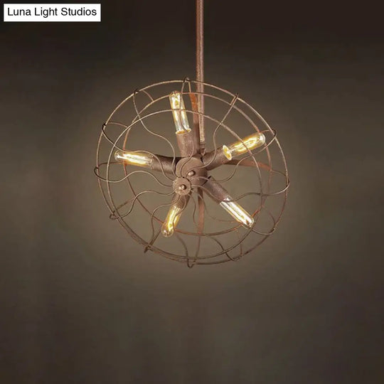 Rustic Wrought Iron Farmhouse Ceiling Light: Fan Shape Wire Frame With 5-Bulb Dark Rust Chandelier