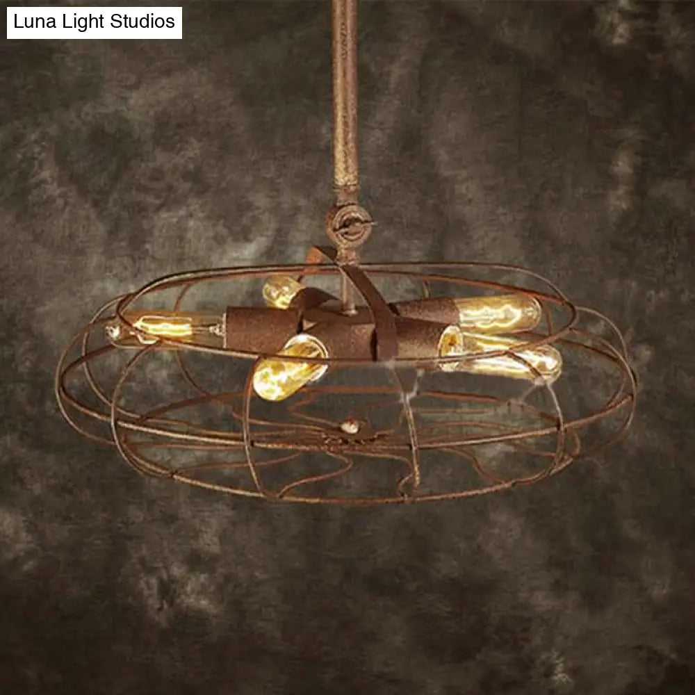 Rustic Wrought Iron Farmhouse Ceiling Light: Fan Shape Wire Frame With 5-Bulb Dark Rust Chandelier