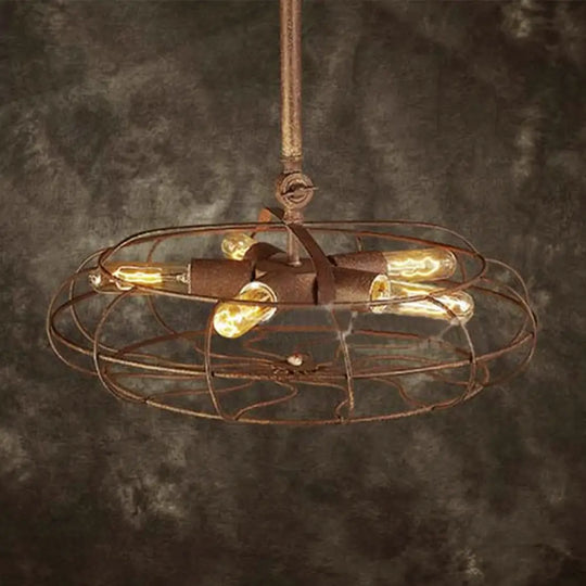 Rustic Farmhouse Ceiling Fan Light: Wire Frame Shape 5 Bulbs Wrought Iron Dark Rust Chandelier Lamp