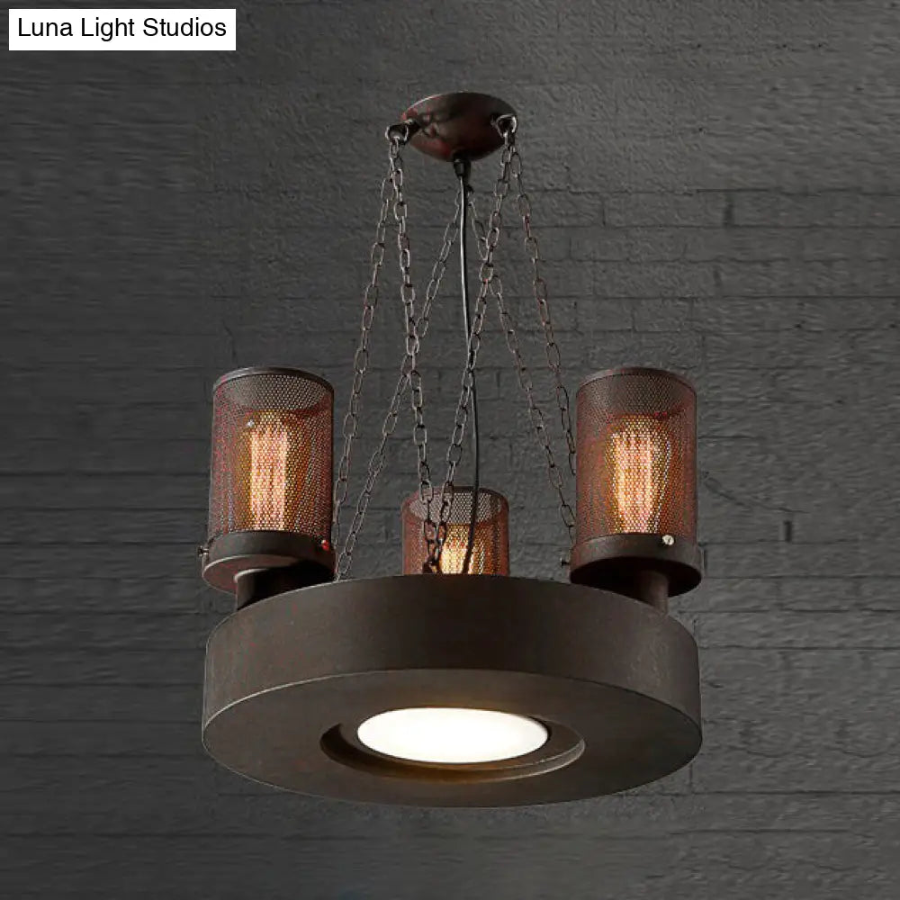 Rustic Farmhouse Mesh Shade Chandelier With 3 Bulbs - Cylindrical Hanging Light Fixture Rust