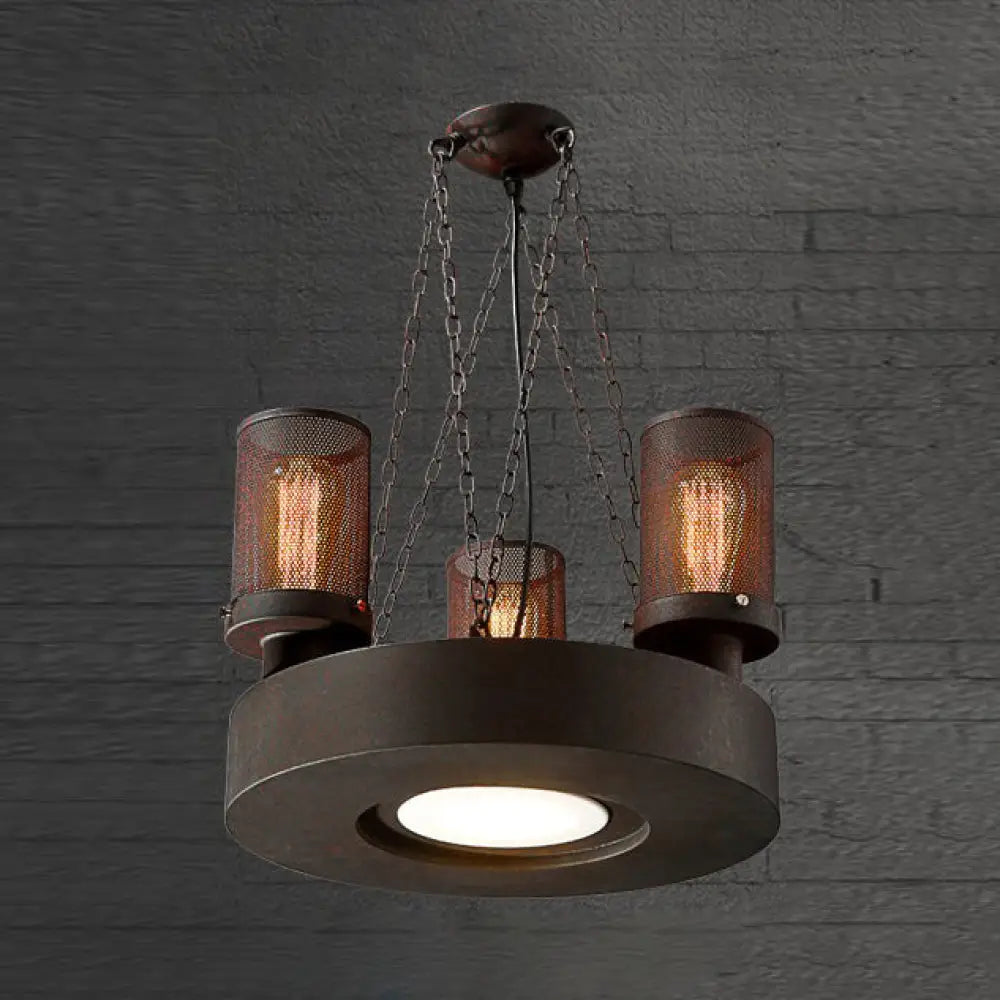 Rustic Farmhouse Cylindrical Chandelier Light With Mesh Shade - 3 Bulb Iron Ceiling Fixture Rust