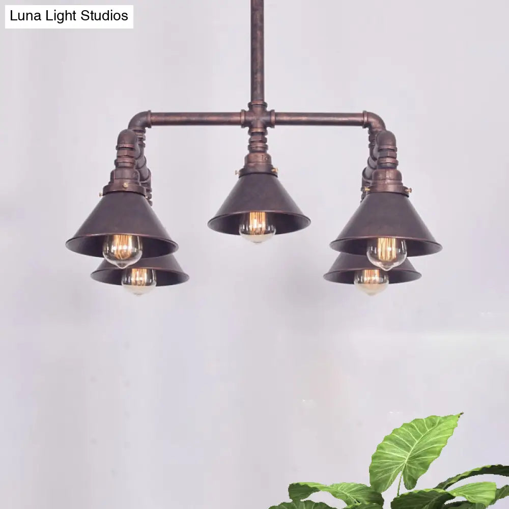 Rustic Farmhouse Pendant Chandelier Lamp - Conic Shade 5 Bulbs Wrought Iron Perfect For Restaurants