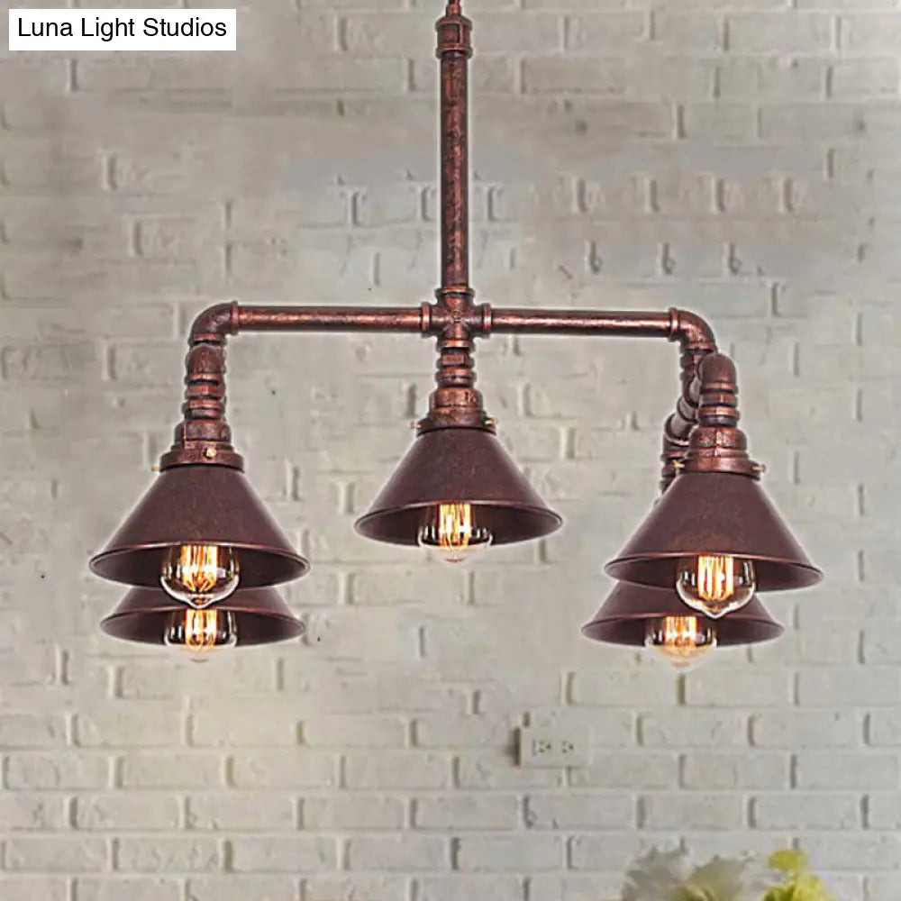 Rustic Conic Shade Chandelier Lamp - 5-Bulb Wrought Iron Pendant Light For Restaurants