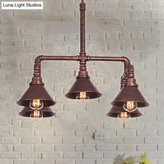 Rustic Conic Shade Chandelier Lamp - 5-Bulb Wrought Iron Pendant Light For Restaurants