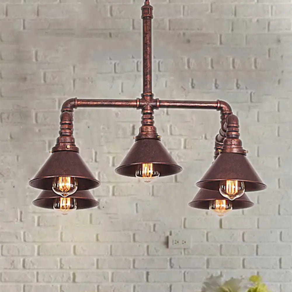 Rustic Farmhouse Pendant Chandelier Lamp - Conic Shade 5 Bulbs Wrought Iron Perfect For Restaurants