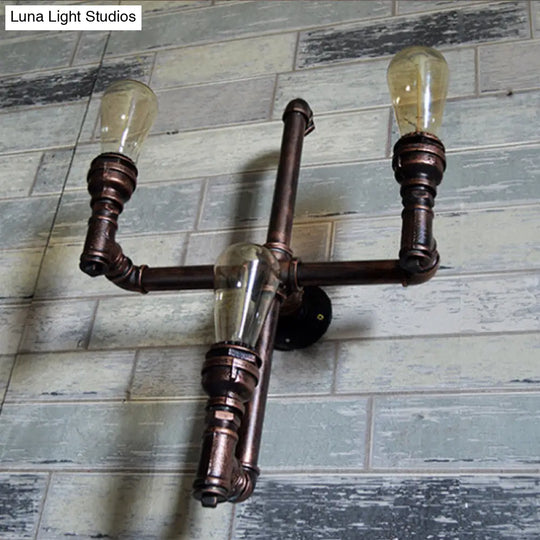 Rustic Farmhouse Pipe Sconce: 3-Bulb Wall-Mounted Lamp With Metallic Finish