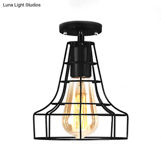 Rustic Farmhouse Semi Flush Mount Light: Barn/Oval Restaurant With Cage Shade & 1 Light Black