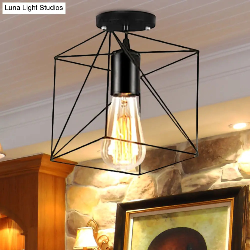 Rustic Farmhouse Semi Flush Mount Light: Barn/Oval Restaurant With Cage Shade & 1 Light Black