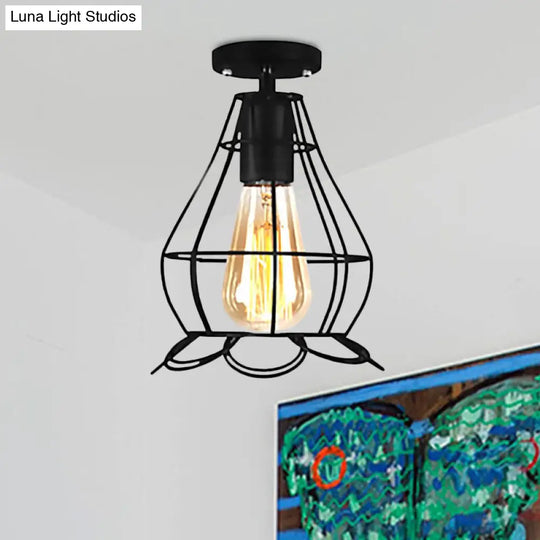 Rustic Farmhouse Semi Flush Mount Light: Barn/Oval Restaurant With Cage Shade & 1 Light Black