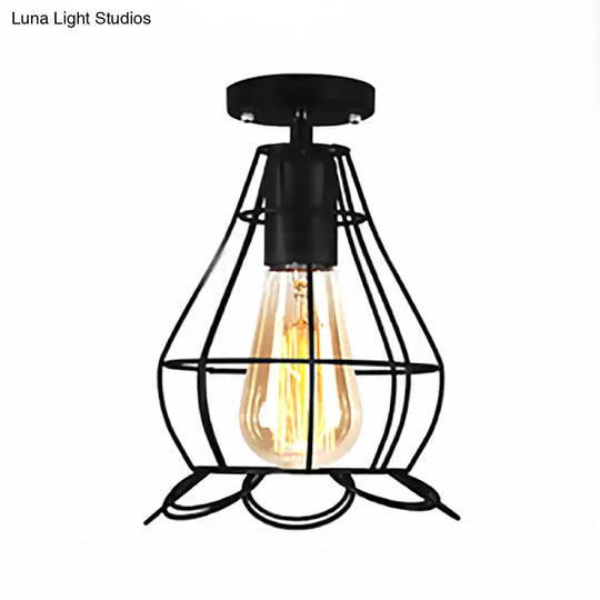 Rustic Farmhouse Semi Flush Mount Light: Barn/Oval Restaurant With Cage Shade & 1 Light Black