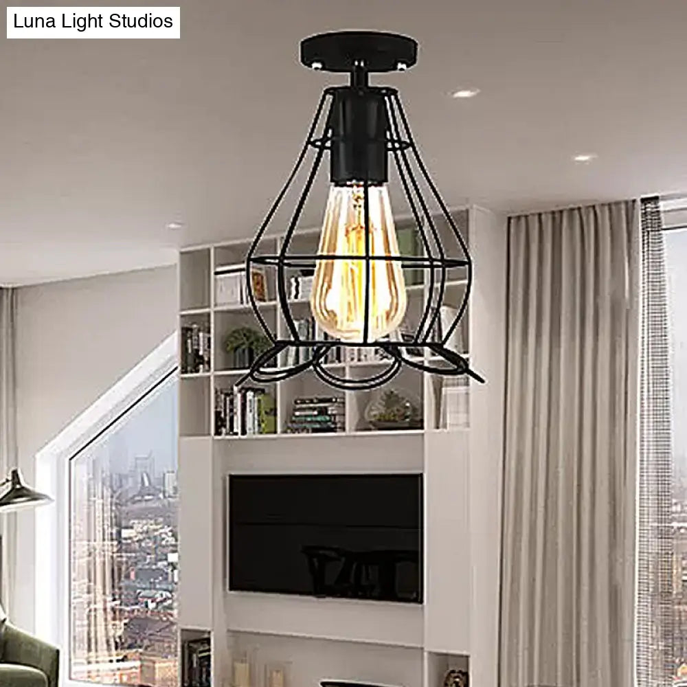 Rustic Farmhouse Semi Flush Mount Light: Barn/Oval Restaurant With Cage Shade & 1 Light Black