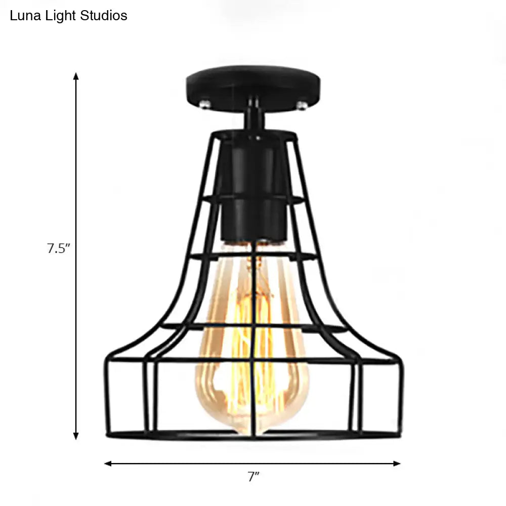 Rustic Farmhouse Semi Flush Mount Light: Barn/Oval Restaurant With Cage Shade & 1 Light Black