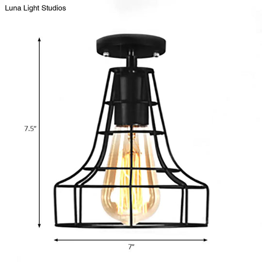 Rustic Farmhouse Semi Flush Mount Light: Barn/Oval Restaurant With Cage Shade & 1 Light Black