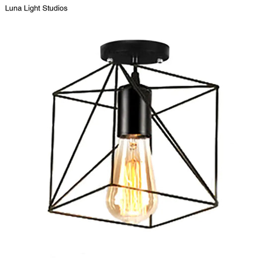 Rustic Farmhouse Semi Flush Mount Light: Barn/Oval Restaurant With Cage Shade & 1 Light Black