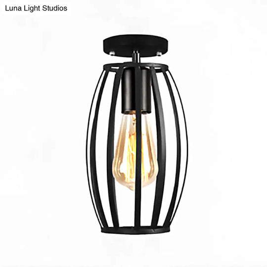 Rustic Farmhouse Semi Flush Mount Light: Barn/Oval Restaurant With Cage Shade & 1 Light Black