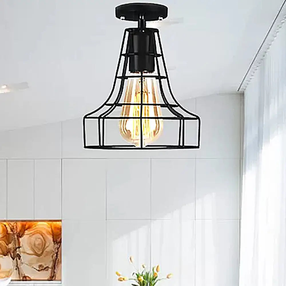 Rustic Farmhouse Semi Flush Mount Light: Barn/Oval Restaurant With Cage Shade & 1 Light Black