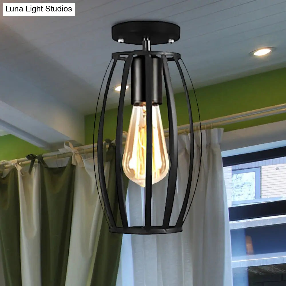 Rustic Farmhouse Semi Flush Mount Light: Barn/Oval Restaurant With Cage Shade & 1 Light Black