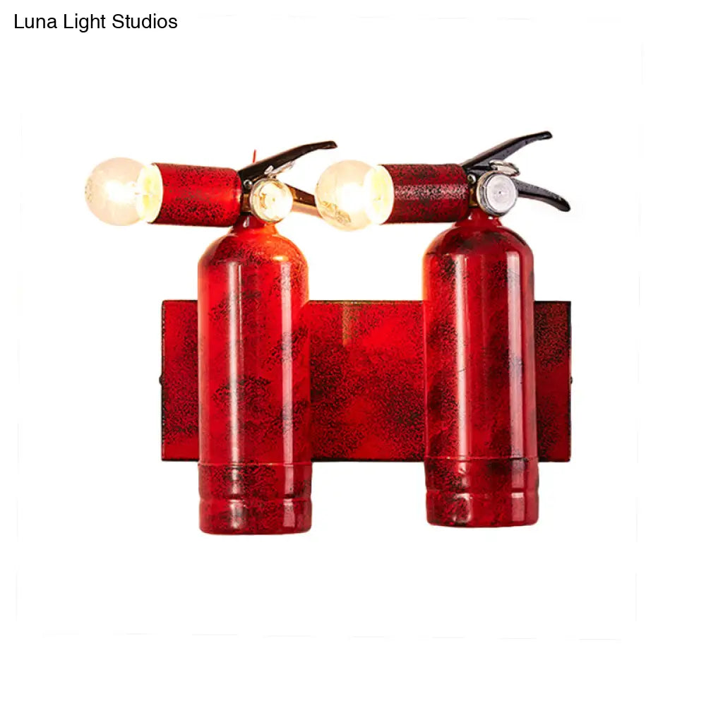 Rustic Fire Extinguisher Sconce Lamp With 2 Lights For Kitchen Wall - Metal & Red