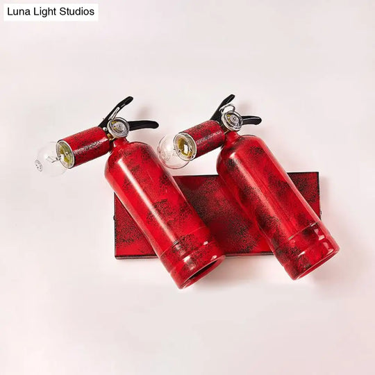 Rustic Fire Extinguisher Sconce Lamp With 2 Lights For Kitchen Wall - Metal & Red