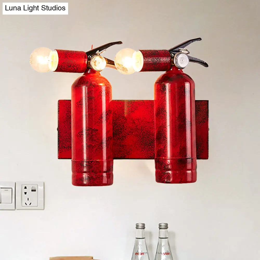 Rustic Fire Extinguisher Sconce Lamp With 2 Lights For Kitchen Wall - Metal & Red